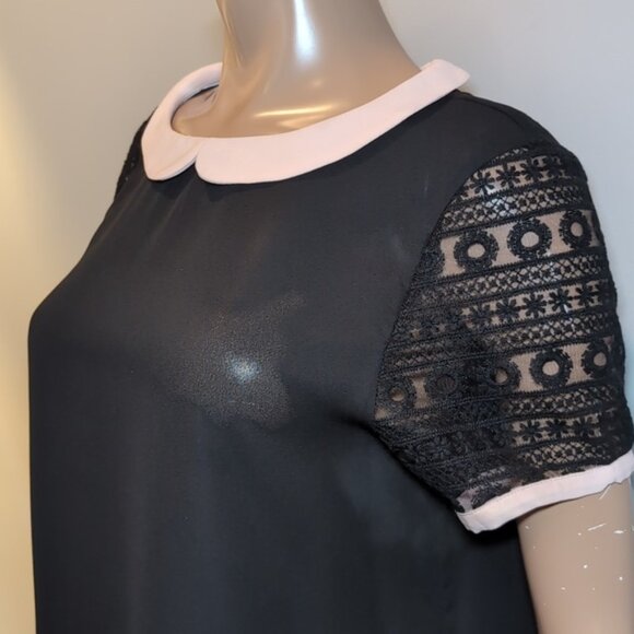 3/$20 TWIK Peter Pan Collar Short Sleeve Blouse Sheer Crochet Black Size XL Top - Picture 3 of 9